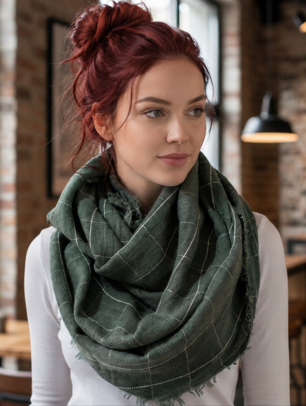 Cejon Wool Blend Green Plaid Infinity Scarf